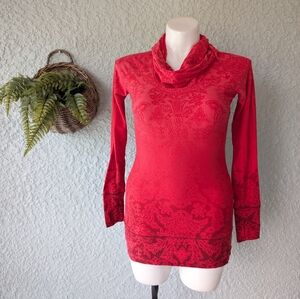 Athleta Ombre Floral Yoga Tunic Nadi‎ Cowl Neck Drawstring Hood Red Long Sleeve